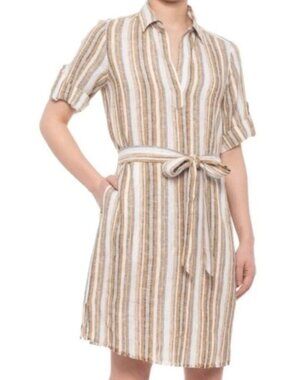 Anthropologie DREW Ollie Striped Linen Blend Shirt Dress Neutral Size Medium